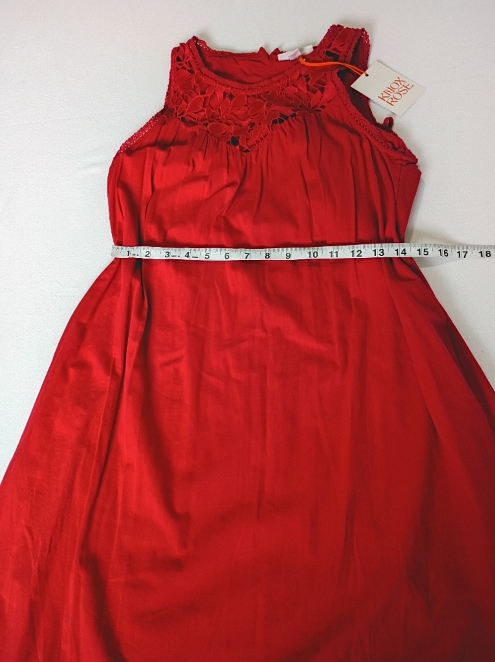 Knox Rose NWT Red Sleeveless Midi Dress Crochet Lace Yoke Tie Waist Small - Picture 6 of 13